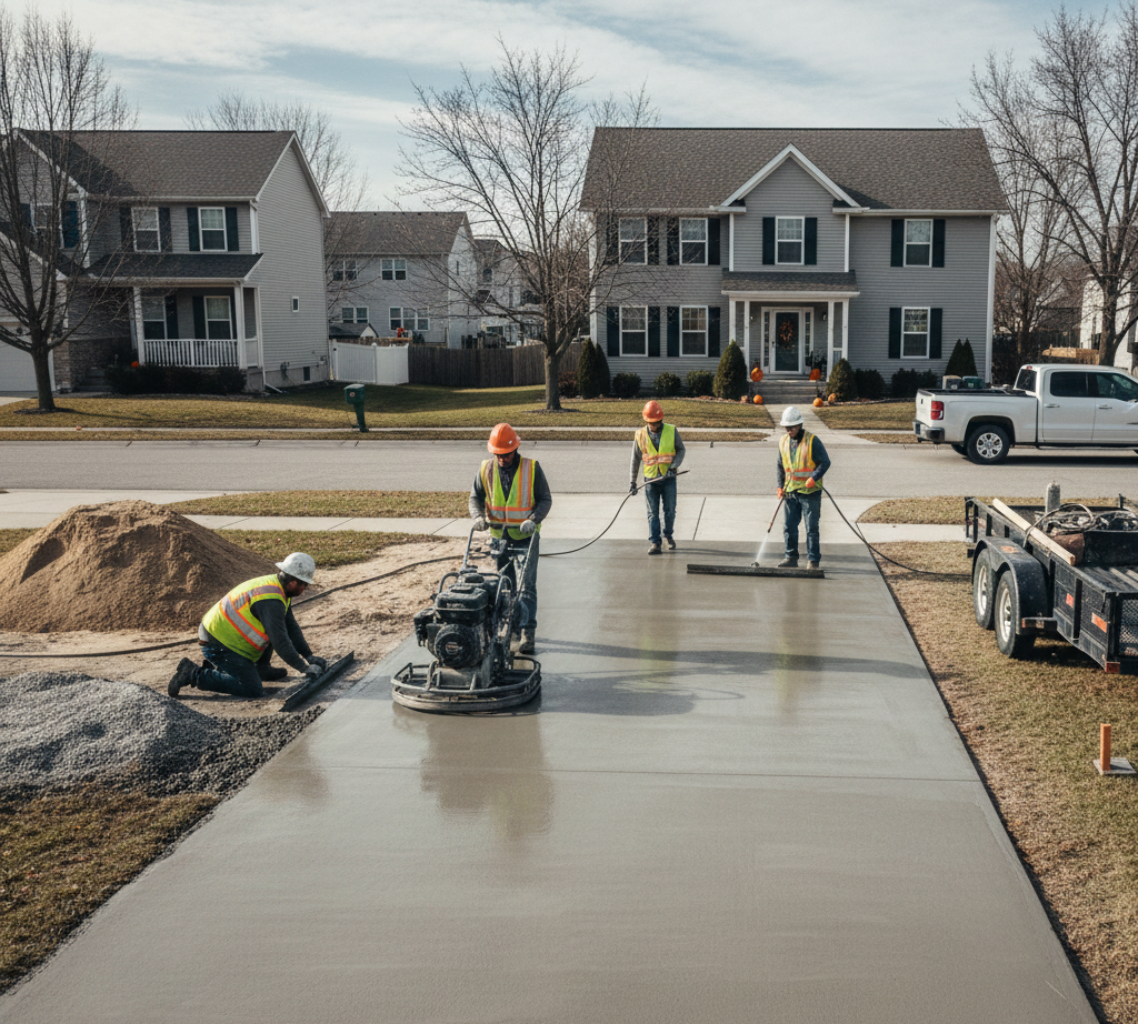 Concrete driveway resurfacing in Buffalo, NY with professionals smoothing fresh concrete.