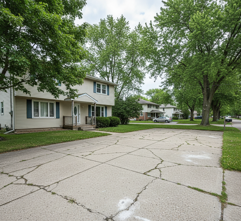 Concrete driveway in Buffalo NY showing cracks and surface wear indicating need for repair or replacement.