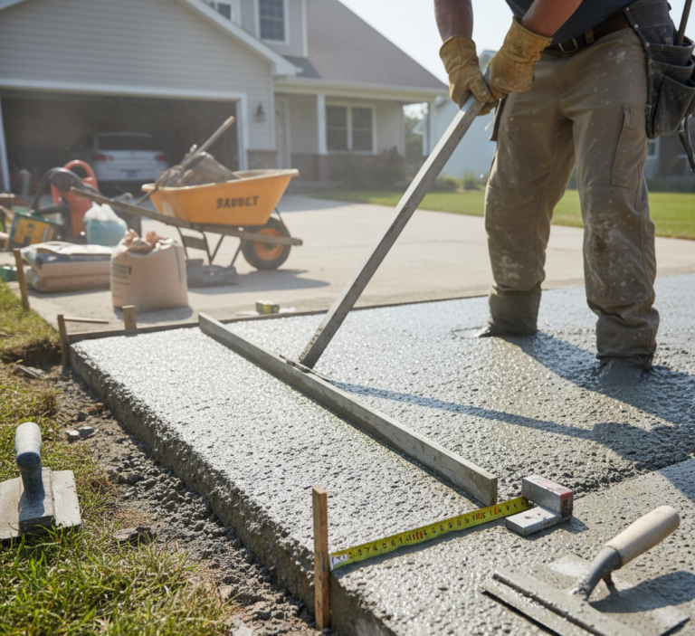 Contractor measuring and pouring concrete driveway showing proper thickness for a durable concrete driveway.