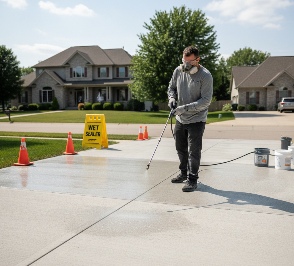 Professional applying concrete sealer on a residential driveway in Buffalo, NY.