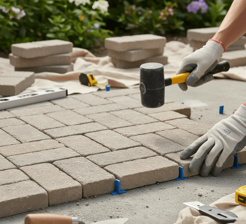 Person installing stone pavers on concrete with tools in a backyard patio
