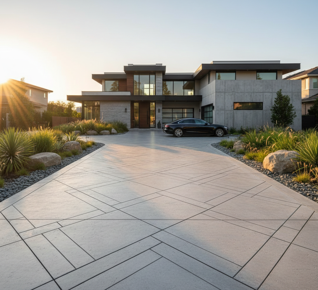 Modern concrete driveway in front of a contemporary home