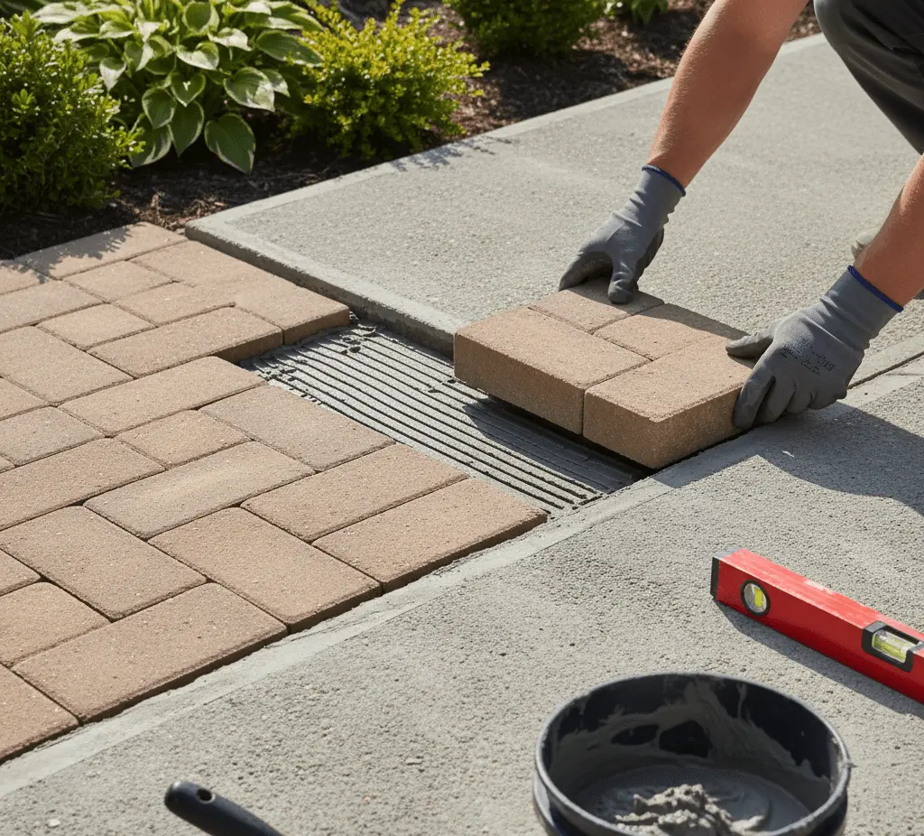 Installation of thin pavers over concrete on a patio and walkway